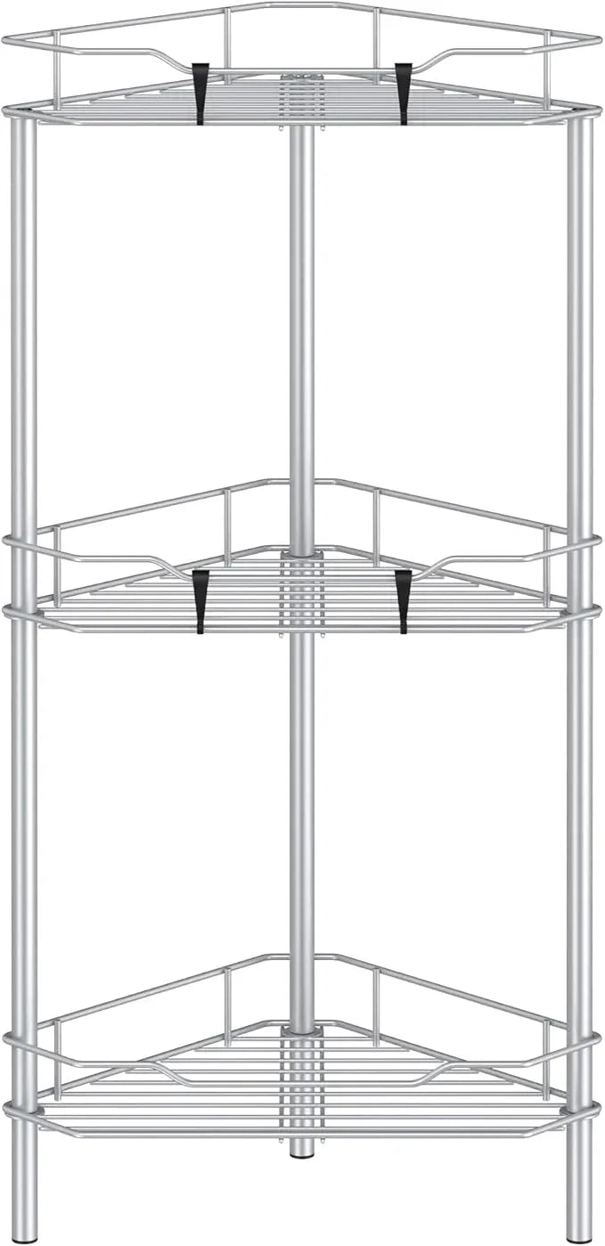 3 Tier Floor Standing Corner Shower Caddy Organizer Shelf with Hooks, Bathroom Shelves Stand Rack, Silver - ModernBath