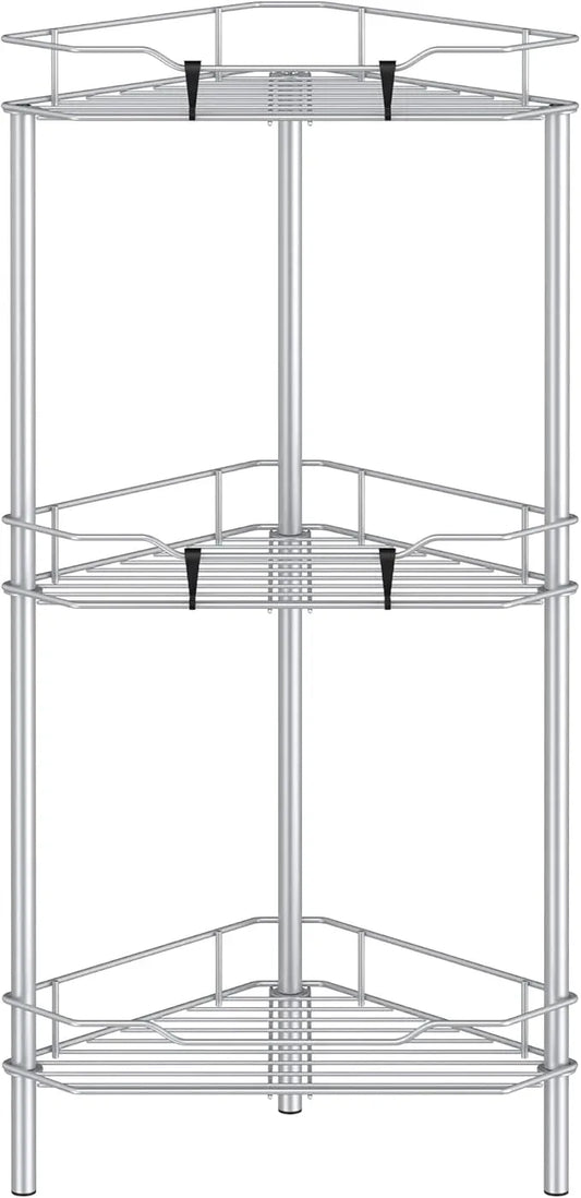 3 Tier Floor Standing Corner Shower Caddy Organizer Shelf with Hooks, Bathroom Shelves Stand Rack, Silver - ModernBath