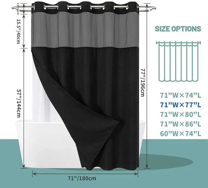 eachope Black No Hook Waffle Weave Shower Curtain with snap-in Liner Replacement, 230GSM Waterproof Fabric Hotel Shower Curtain Set for Bathroom, Through Mesh Top Window,71Wx77H - ModernBath
