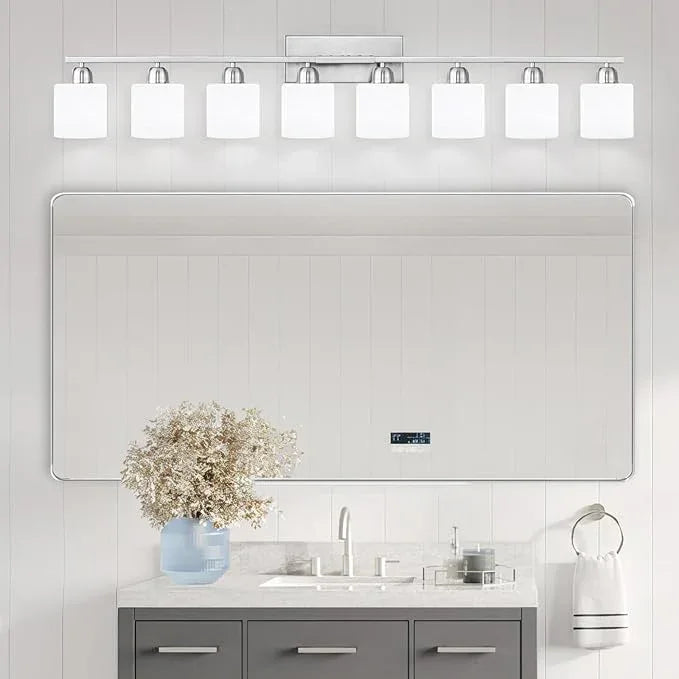 Brushed Nickel Light Fixture Bathroom for Huge Mirror, 8 Light Mirror Lights with Milky White Frosted Glass Shades, 51 inch Bathroom Mirror Lights for Mirrorss, E26 Socket - ModernBath