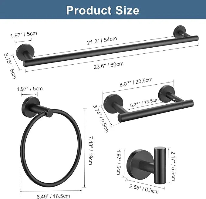 5 Pieces Matte Black Round Towel Bar Set Bathroom Hardware Accessories Set Upgraded Toilet Paper Holder Towel Racks Set for Bathroom Stainless Steel Wall Mounted 23.6 in - ModernBath