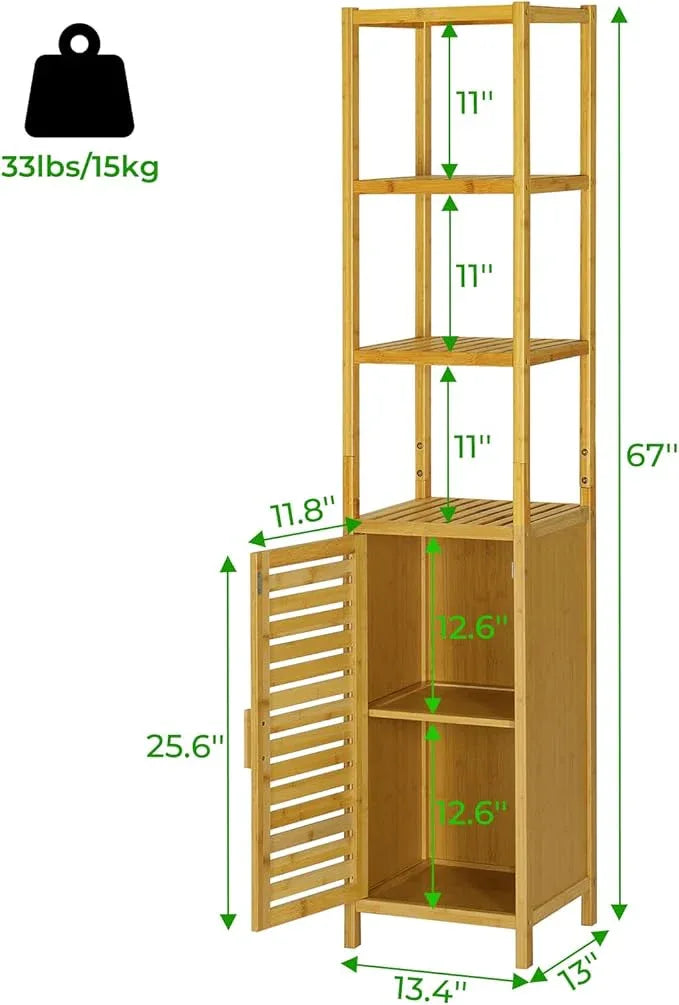 VIAGDO Storage Tall Slim Cabinet with Shutter Door and 3 Tier Shelves, Freestanding Linen Tower Cabinet for Living Room, Kitchen, Bathroom Organizer, Natural Bamboo - ModernBath