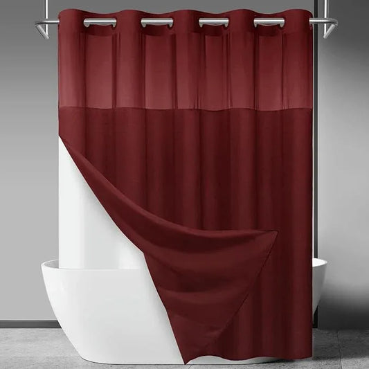 SORTTO No Hook Slub Textured Shower Curtain with Snap in Liner - Burgundy Fabric Outer Curtain & Waterproof Inner Liner, Hotel Style with See Through Top Window, 71x74 in - ModernBath