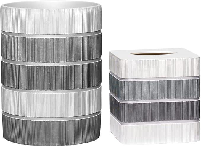 Zahari Home 2pc Modern Line Stylish Bath Accessories Set Waste Basket & Square Tissue Box Cover Classic Contemporary Decorative Beautiful Designs Gray Bathroom Decor Set for Home Modern Bath Set - ModernBath