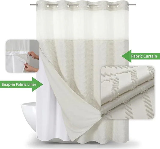 eachope Extra Long No Hook Tufted Chevron Striped Shower Curtain with Snap-in Fabric Liner set-71Wx98H(96H),Tall Hotel Grade Boho Style Shower Curtain,Water Repellent,Cream - ModernBath