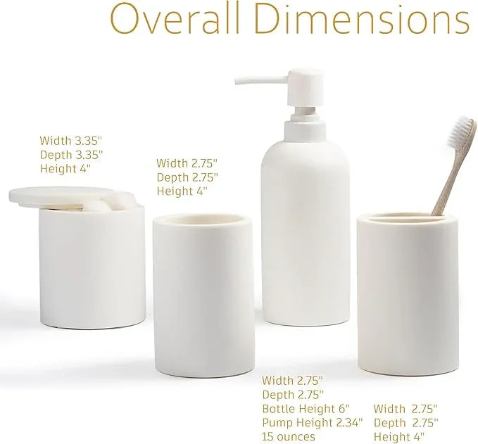 Jo Lavie Matte White Bathroom Accessories Set – 4-Piece Resin Countertop Organizer with Soap Dispenser, Tumbler, Toothbrush Holder & Cotton Swab Jar – Modern Minimalist Vanity Kit - ModernBath