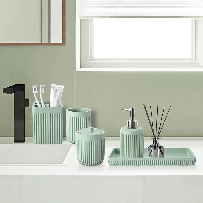 XLHOMO Resin Light Green Bathroom Accessories Set 5 Pcs, Lotion Soap Dispenser, Toothbrush Holder, Bathroom Tumbler, Qtip Holder and Vanity Tray, Bathroom Countertop Organizer Set for Modern Apartment - ModernBath