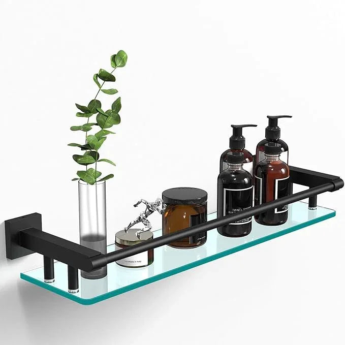 Bathroom Glass Shelf 20IN Rectangular Stainless Steel Tempered Glass Shelves Modern Stainless Steel Wall Mount Bathroom Shelf (Matte Black, 20‘’) - ModernBath
