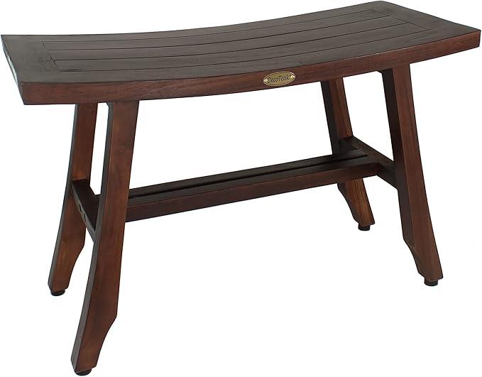 DecoTeak Teak Shower Bench – 28 Inch Waterproof Wooden Seat for Inside Shower Spa-Quality Shower Chair | Curved Seat for Adults | Non-Slip Feet | Large Storage Shelf - ModernBath