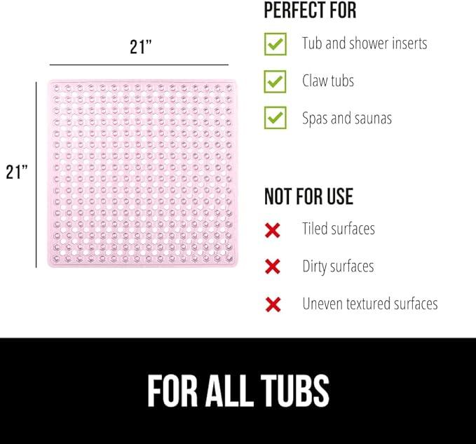 GORILLA GRIP Patented Square Shower Stall Mat, Small Bathtub Floor Mats for Stand Up Showers, Suction Cups and Drainage Holes, Machine Wash, Soft on Feet, Bathroom Accessories 21x21 Inch, Light Pink - ModernBath