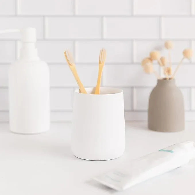 Yew Design Matte White Toothbrush and Toothpaste Holder and Cup for Bathroom Vanity and Countertop, Round Organizer for Electric Toothbrushes, Floss, Razors, Cotton, and Mouthwash - ModernBath