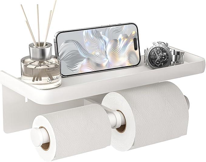 Double Toilet Paper Holder with Shelf,LigoVenmo Toilet Paper Holder Wall Mount - Modern Minimal Aluminium Design,Adhesive or Screw Bathroom White Toilet Paper Roll Holder with Wipes Storage - ModernBath