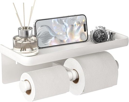 Double Toilet Paper Holder with Shelf,LigoVenmo Toilet Paper Holder Wall Mount - Modern Minimal Aluminium Design,Adhesive or Screw Bathroom White Toilet Paper Roll Holder with Wipes Storage - ModernBath