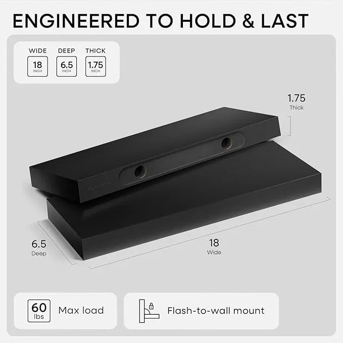 Homeforia Black Floating Shelf 18 inch, High End Solid Real Wood 18inch Bathroom Floating Shelves for Wall Mounted, Black Wooden 18in Floating Shelves, Heavy Duty Bracket, 18 X 6.5 X 1.75 in, Set of 3 - ModernBath
