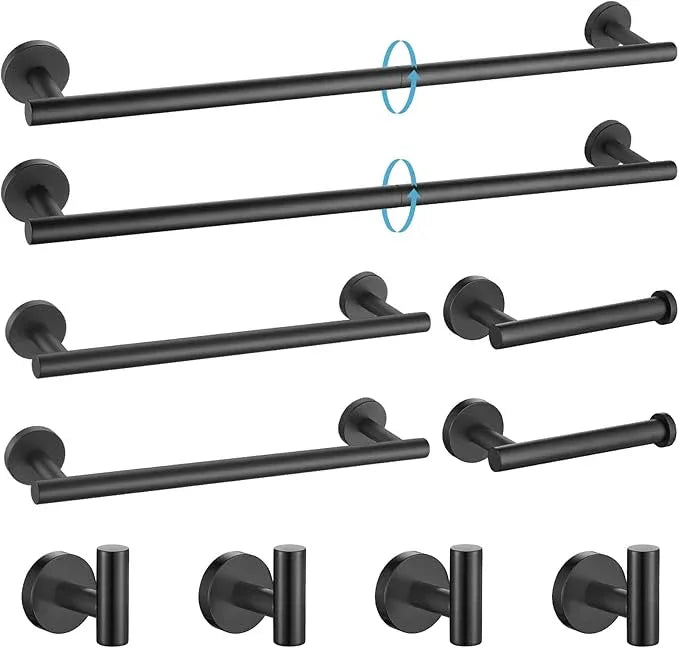 TURS Matte Black 10 Pieces Bathroom Hardware Set, SUS304 Stainless Steel 24 Inch Bath Towel Bar Set, Round Bathroom Accessories Kit Wall Mounted - ModernBath