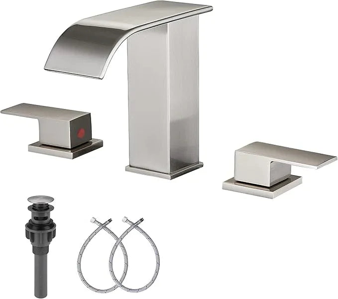 Waterfall Widespread Bathroom Faucet Brushed Nickel GGStudy 3 Holes 2 Handle Modern Bathroom Sink Faucet with Pop Up Drain - ModernBath
