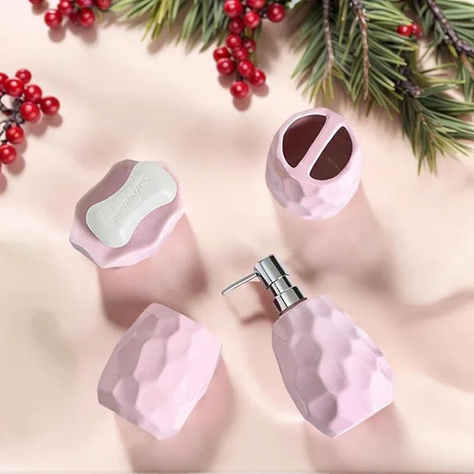 Ceramic Bathroom Accessories Set 4 PCS,Bathroom Toothbrush Holder Set,Soap and Toothbrush Holder Set,Include Toothbrush Holder,Soap Dispenser,Tumbler,Soap Dish,Bathroom Sets Decor Organizer (Pink) - ModernBath