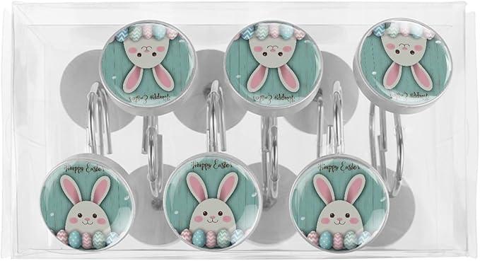 Rural Teal and Easter Bunny Crystal Glass Shower Curtain Hooks for Bathroom Shower Rod, 12Pcs Round Home Decorative Shower Curtain Rings, Bathroom Bedroom Living Room Accessories - ModernBath