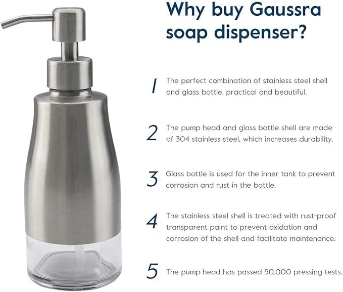 Gaussra Soap Dispenser with Coaster and Stickers, Brushed Nickel Stainless Steel Case Glass Liner Hand Pump Dispenser, Refillable Liquid Hand Soap Dispenser for Bathroom & Kitchen (11OZ / 320ML) - ModernBath