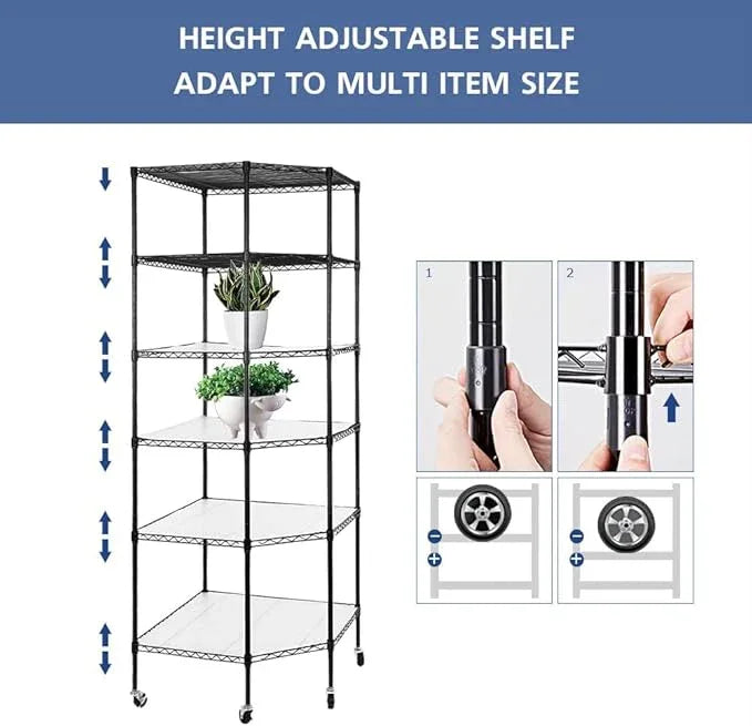 BNSPLY 6 Tier Corner Wire Shelving Unit, Adjustable Wire Shelf with Wheels, Metal Storage Shelves and Racks for Kitchen, Bathroom, Laundry, Pantry, Closet (27" D x 27" W x 71" H, Black) - ModernBath