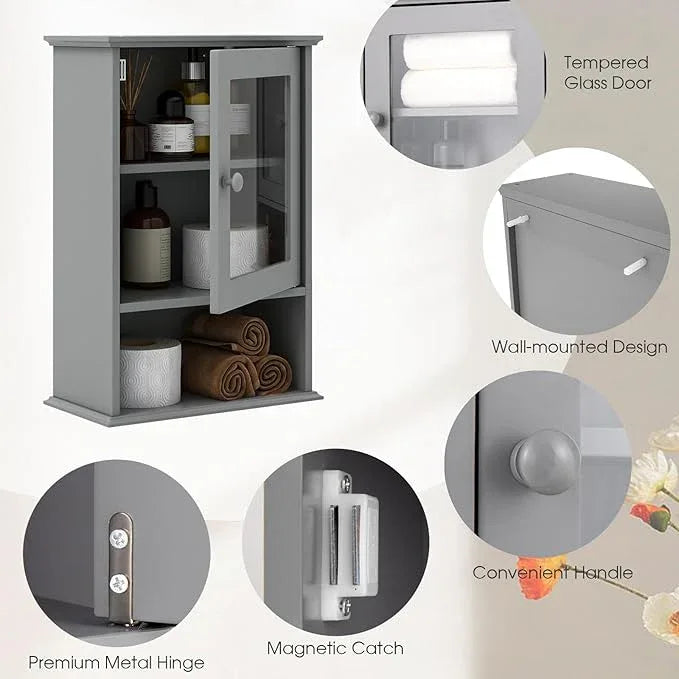 LOKO Bathroom Medicine Cabinet, Over The Toilet Storage Organizer with Adjustable Shelf, Modern Wall Mounted Storage Cabinet with Tempered Glass Door for Living Room, Entryway (Grey) - ModernBath