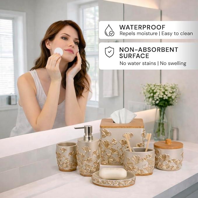 Decozen Bathroom Accessories Set 6Pcs – Soap Dispenser, Toothbrush Holder, Tumbler, Soap Dish & Cotton Swab Jar – Modern Bathroom Decor, Bath Set for Christmas Decor, Valencia - ModernBath