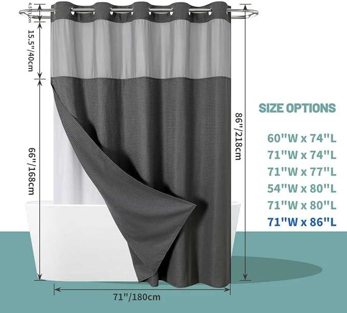 eachope Charcoal Grey Extra Long No Hook Waffle Weave Shower Curtain with snap-in Liner Replacement, 230GSM Waterproof Fabric Hotel Shower Curtain Set for Bathroom, Through Mesh Top Window,71Wx86H - ModernBath