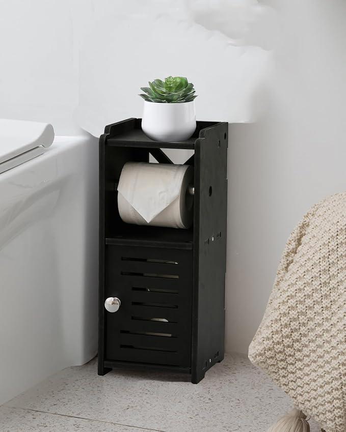 AOJEZOR Toilet Paper Holder Stand: PVC Freestanding Bathroom Cabinet Storage for Apartment Dwellers - Slim Bathroom Storage - Black - ModernBath