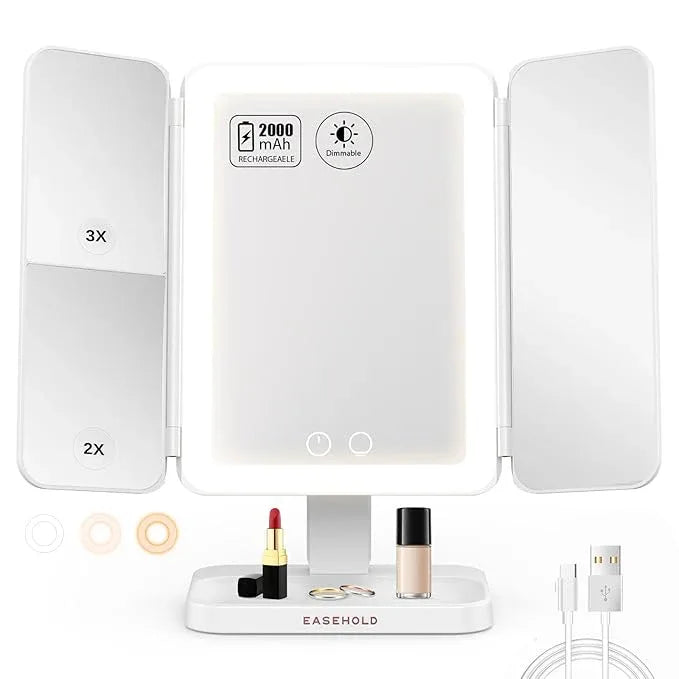 EASEHOLD Lighted Makeup Mirror with 3X Magnification, 3 Color Lights & Touch Sensor - Rechargeable Trifold Vanity Mirror for Travel, Desk, Home Use - ModernBath