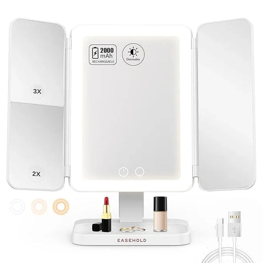 EASEHOLD Lighted Makeup Mirror with 3X Magnification, 3 Color Lights & Touch Sensor - Rechargeable Trifold Vanity Mirror for Travel, Desk, Home Use - ModernBath