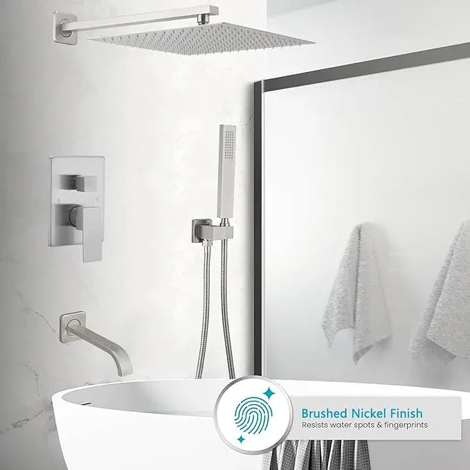 JingGang Brushed Nickel Rain Shower System Tub Shower Faucet Set 12 Inch Square Rainfall Shower Head with Handheld Sprayer and Tub Spout Rough-in Valve Shower Mixer Combo Kit - ModernBath
