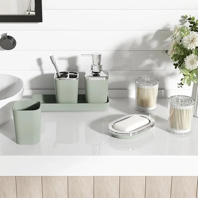 XLHOMO Bathroom Set, Sage Green Bathroom Accessories Set with Press-on Lid Bathroom Trash Can, Soap Dispenser, 10PC Bathroom Accessory Set for Home - ModernBath