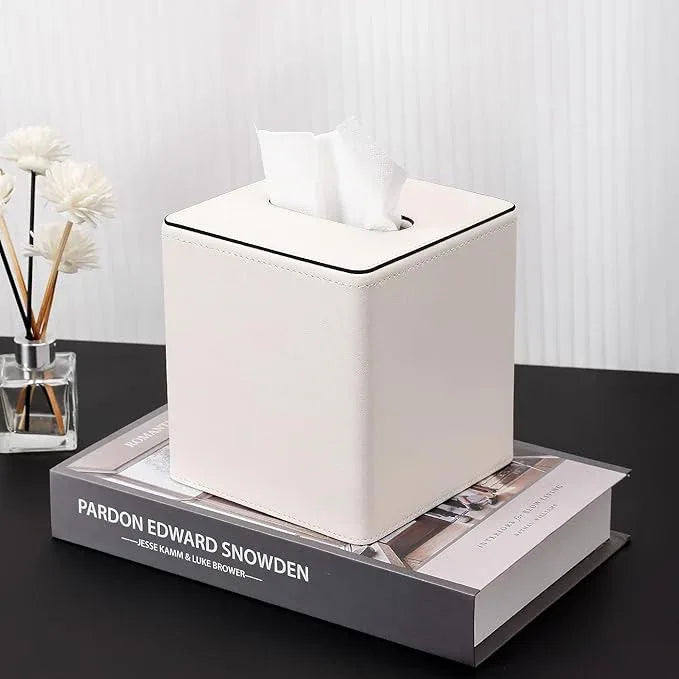 KINGFOM Leather Tissue Box Cover – Square Modern PU Leather Tissue Holder, Cube Tissue Dispenser for Home, Office, Bedroom, Bathroom – Elegant Minimalist Style (Ivory White-Square) - ModernBath