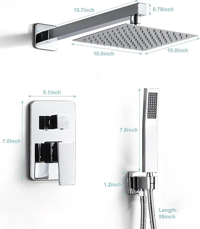 RTTWYYUU Chrome Shower System 10 Inch, Rain Shower Head with Handheld Spray, Luxury Rain Shower Set Square Wall Mount for Bathroom with Rain Shower and Handheld Shower System - ModernBath