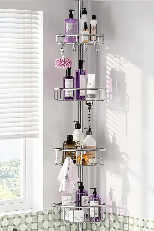 Corner Shower Caddy Tension Pole: Stainless Steel Rustproof 4-Tier Shower Organizer - 47-121 inch Adjustable Bathroom Shelves for Bathtub Shampoo Storage - Tension Rod Floor Standing Bath Rack -Silver - ModernBath