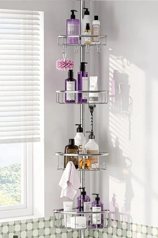 Corner Shower Caddy Tension Pole: Stainless Steel Rustproof 4-Tier Shower Organizer - 47-121 inch Adjustable Bathroom Shelves for Bathtub Shampoo Storage - Tension Rod Floor Standing Bath Rack -Silver - ModernBath