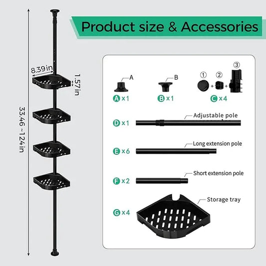 shuang qing 4-Tier Corner Shower Caddy Tension Pole Organizer - Adjustable Rustproof Metal Tension Pole, Plastic Shelves with Safety Guardrail, Bathroom Storage for Shower & Bathtub(Black) - ModernBath