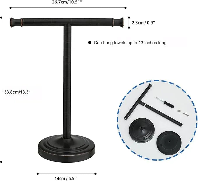 RUMOSE 13 Inch Oil Rubbed Bronze Towel Stand Hand Towel Holder Bathroom Kitchen Vanity Countertop T-Shape Towel Rack Free Standing Stainless Steel Towel Bar Towel Ring - ModernBath