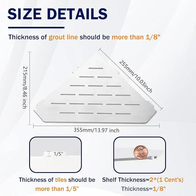 10" Corner Shower Shelf 2 Pcs Brushed 304 Stainless Steel Diamond Heavy Duty Floating Corner Shelves Slot Design Recessed Bathroom Shower Shelf for 90° Tiled Wall, No Drilling Needed - ModernBath