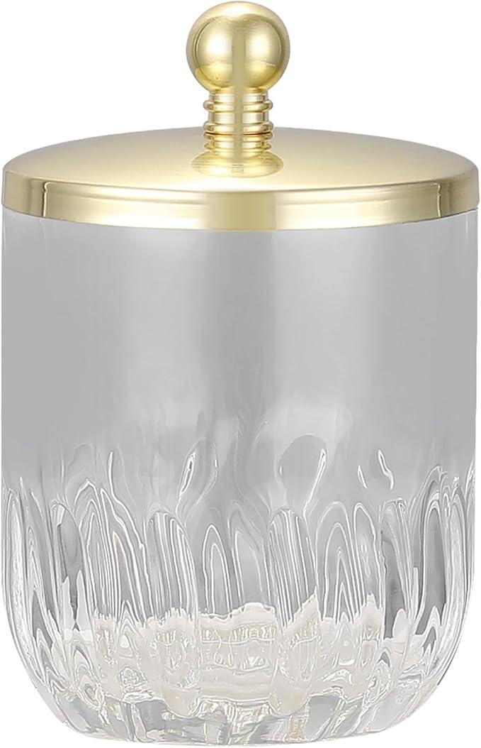 Indecor Home Clear Transparent Apothecary Vertical Wavy Glass Jar With Gold Metal Lid Cover for Bathroom Organization, Cotton Balls, Q Tips, and Small Accessories, Bathroom Storage - ModernBath