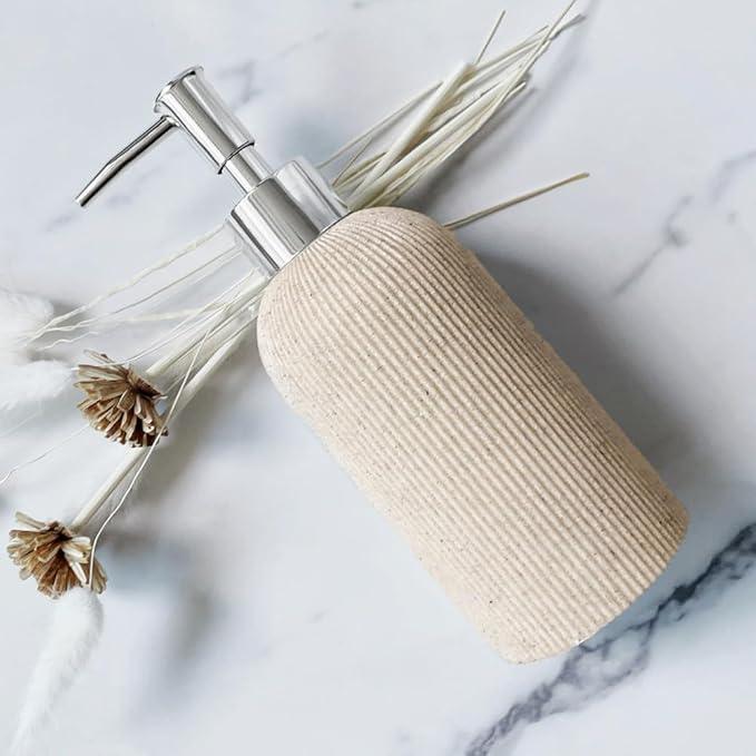 Sand Beige Hand Soap Dispenser for Bathroom and Kitchen with Pump, Luxury Farmhouse Style, Lotion, Dish Soap Dispenser, Sandstone Finish, Rust Proof, 7oz (Silver Pump) - ModernBath
