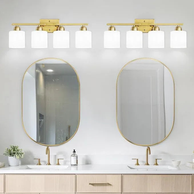 4 Light Gold Light Fixture Bathroom, Brushed Gold Vanity Light with Milky White Frosted Glass Shades, Lights for Bathroom Mirror for Living Room Bedroom Hallway E26 Base - ModernBath