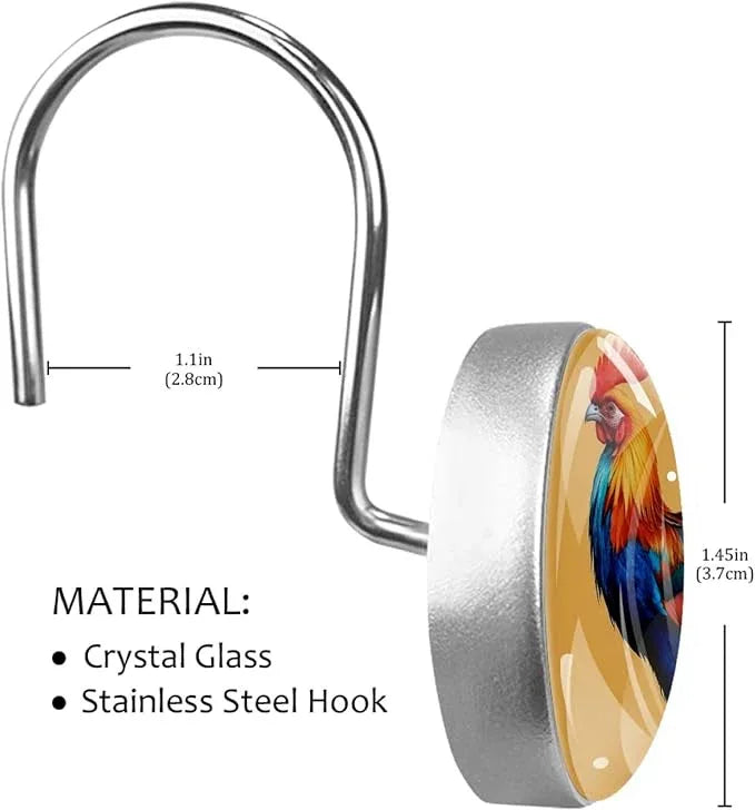 Rooster Shower Curtain Hooks, 12Pcs Decorative Rust Resistant Shower Rings for Shower Curtain Rods, Stainless Steel Round Curtain Hooks for Bathroom, Bedroom - ModernBath