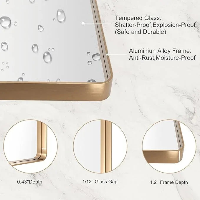 LOAAO 50”X30” Gold Bathroom Mirror, Rounded Rectangle Gold Frame Mirror, Brushed Gold Bathroom Vanity Mirror Wall-Mounted, Anti-Rust, Tempered Glass, Hangs Horizontally or Vertically - ModernBath