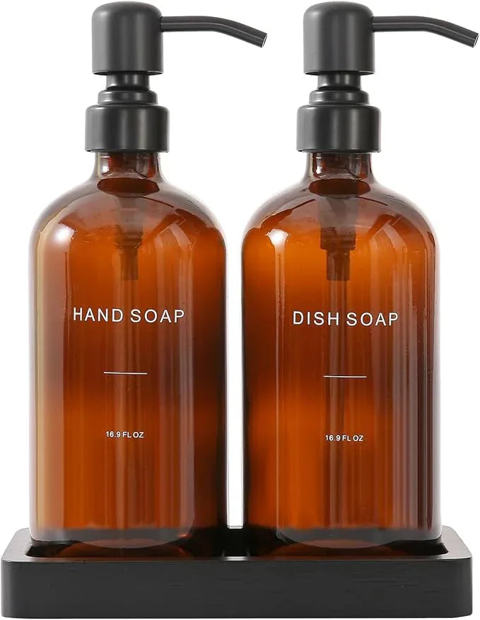 Prus Waso Amber Soap Dispenser Set, Soap Dispenser for Kitchen Sink with Black Stainless Steel Pump, Perfect for Kitchen Accessories Decor. (Amber) - ModernBath