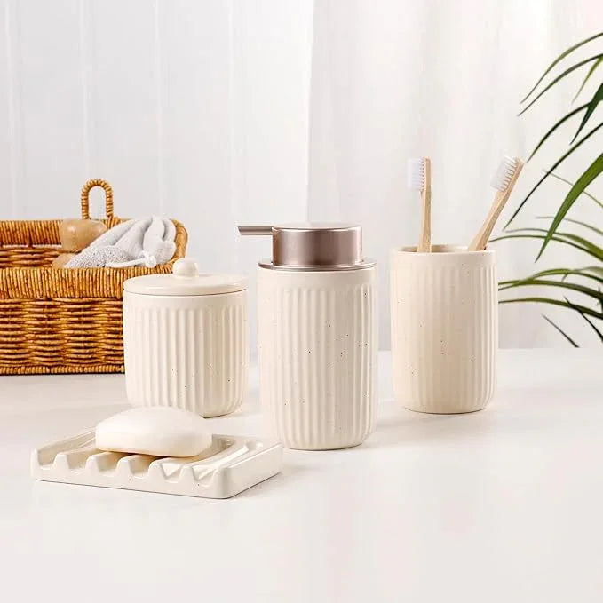 BosilunLife Bathroom Accessories Set - Ceramic Bathroom Set Bathroom Decor Sets Bathroom Counter Foam Soap Dispenser and Toothbrush Holder Set, Soap Dish, Apothecary Jar (Striped Apricot) - ModernBath