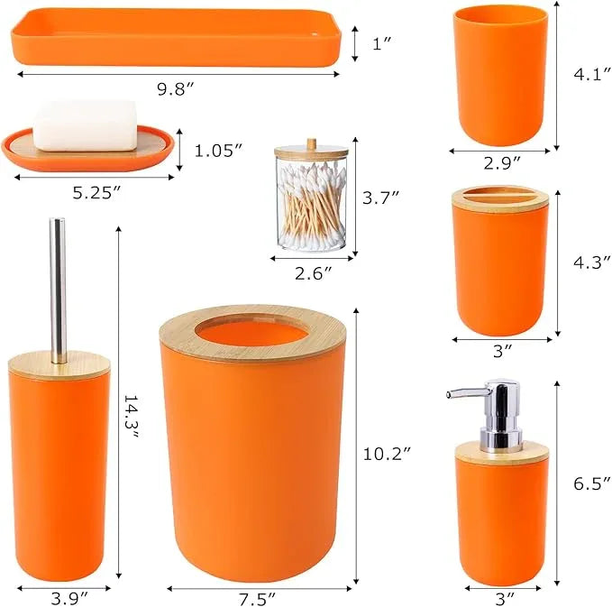 SLDIYWOW 9 Pieces Orange Bathroom Accessory Set, Plastic Bathroom Accessories Set with Trash Can,Soap Dispenser,Toothbrush Holder,Toothbrush Cup,Soap Dish,Toilet Brush and Q-tip Holders for Bathroom - ModernBath