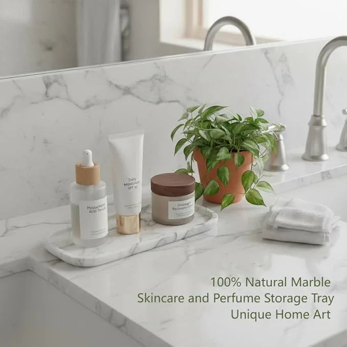 Marmor Real Natural Marble Bathroom Tray for Perfume, Candles, Jewelry Stone Vanity, Bathroom & Kitchen Counter Organizer and Home Decor Statuario White（11.41 * 5.51 * 0.7） - ModernBath