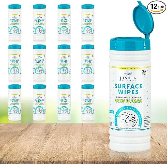 Juniper CLEAN 12 Pack Surface Cleaning Wipes with Bleach, All-Purpose Cleaner for Bathroom, Kitchen, Office, 420 Count Canister, 7.5" x 7" Sheet, Fresh Scent, Lint Free & Durable - ModernBath