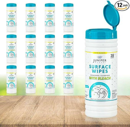Juniper CLEAN 12 Pack Surface Cleaning Wipes with Bleach, All-Purpose Cleaner for Bathroom, Kitchen, Office, 420 Count Canister, 7.5" x 7" Sheet, Fresh Scent, Lint Free & Durable - ModernBath